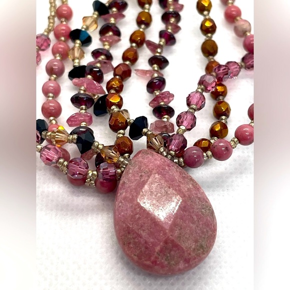 Rachel Reinhardt Jewel Tone Multistrand Necklace w Rhodonite / Rhodochrosite